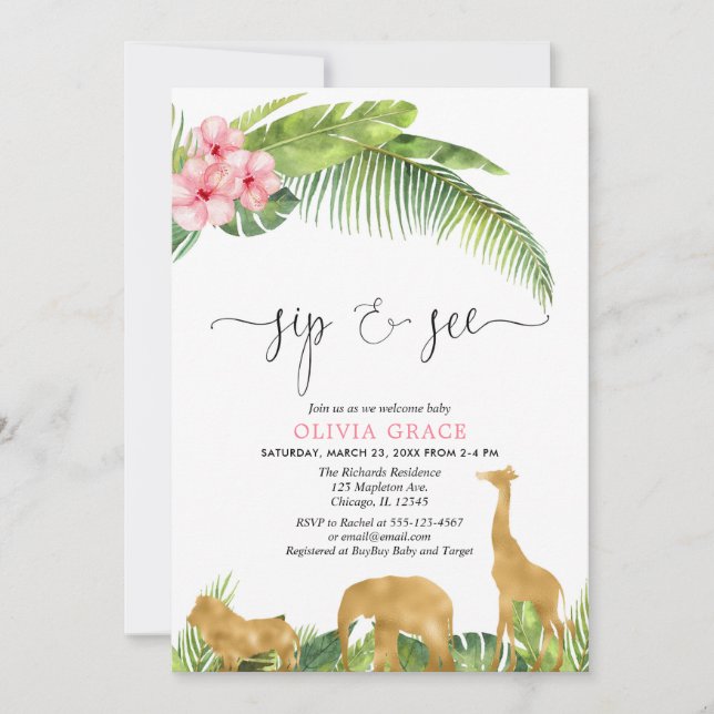 Pink gold sip and see safari jungle meet greet invitation (Front)