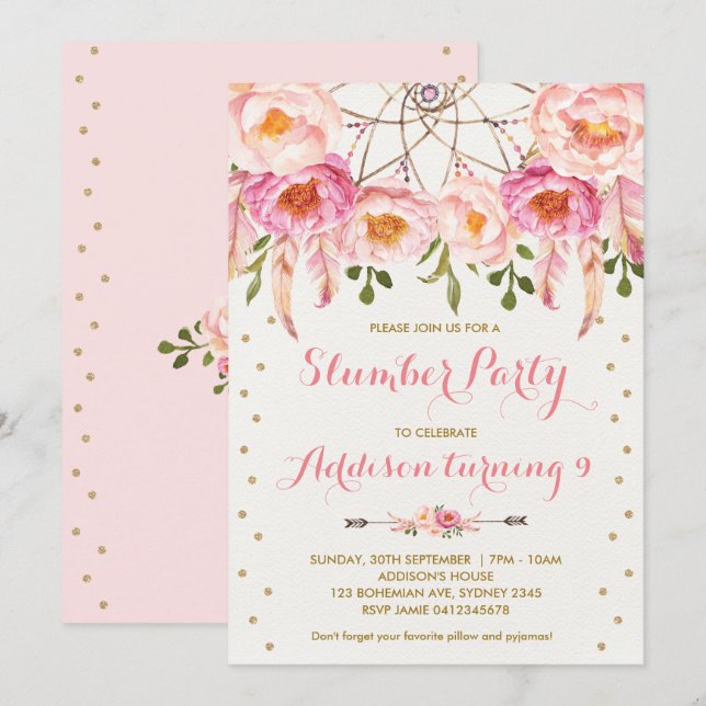 Pink & Gold Slumber Party Boho Birthday Sleepover Invitation (Front/Back)