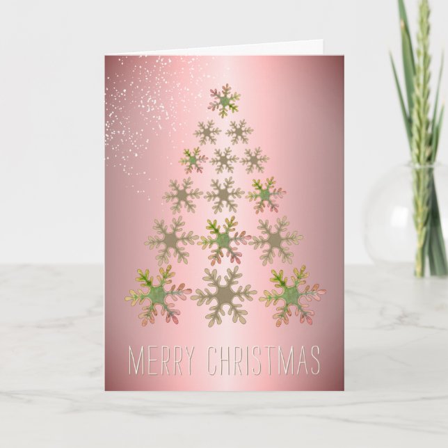 Pink Gold Snowflake Christmas Tree Christmas Holiday Card (Front)