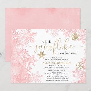 Pink gold snowflake Virtual girl baby shower Invitation
