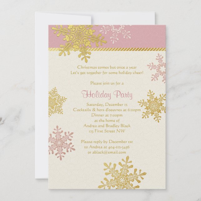 Pink Gold Snowflake Winter Christmas Holiday Invitation (Front)