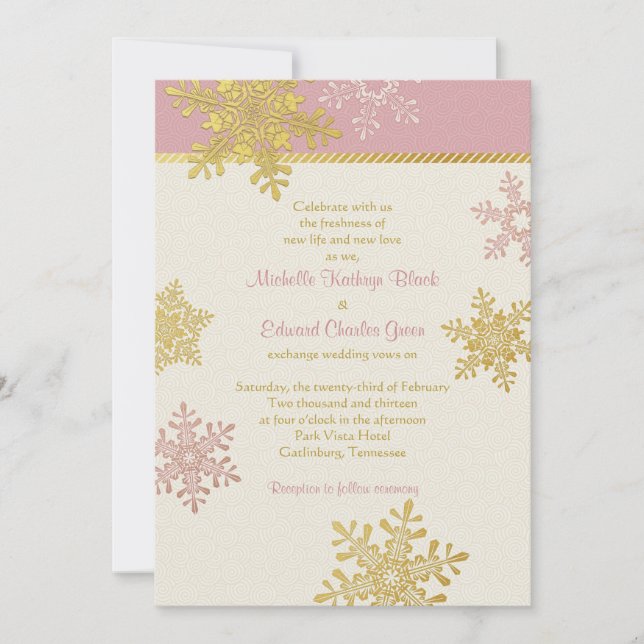 Pink Gold Snowflake Winter Wedding Invitation (Front)
