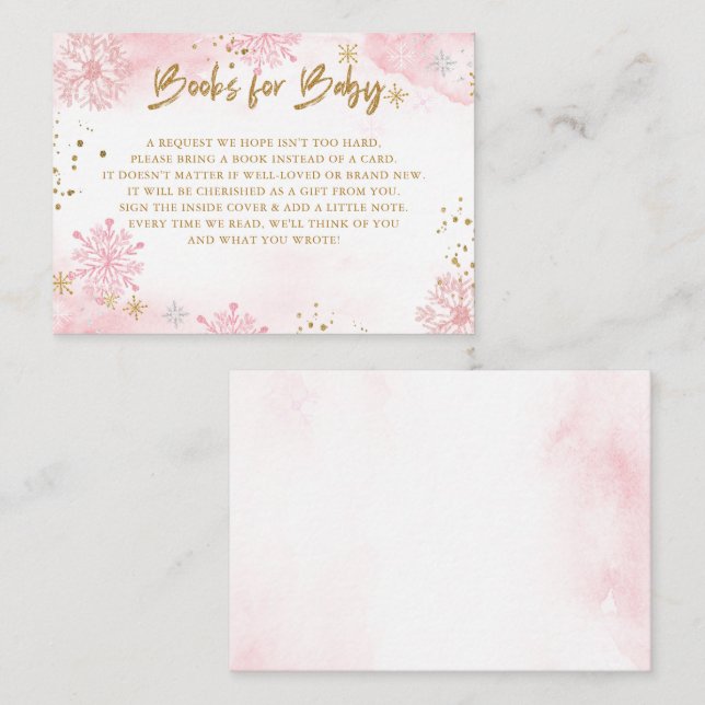 Pink Gold Snowflakes Baby Shower Book Request  Enclosure Card (Front/Back)