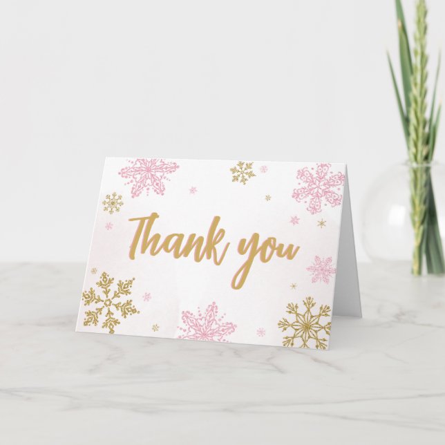 Pink Gold Snowflakes Baby Shower  Thank You Card (Front)