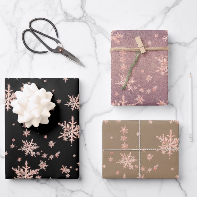 Pink Gold Snowflakes Black Kraft Purple Dusk Wrapping Paper Sheet (Front)