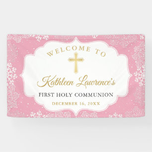 Pink Gold Snowflakes First Holy Communion Banner