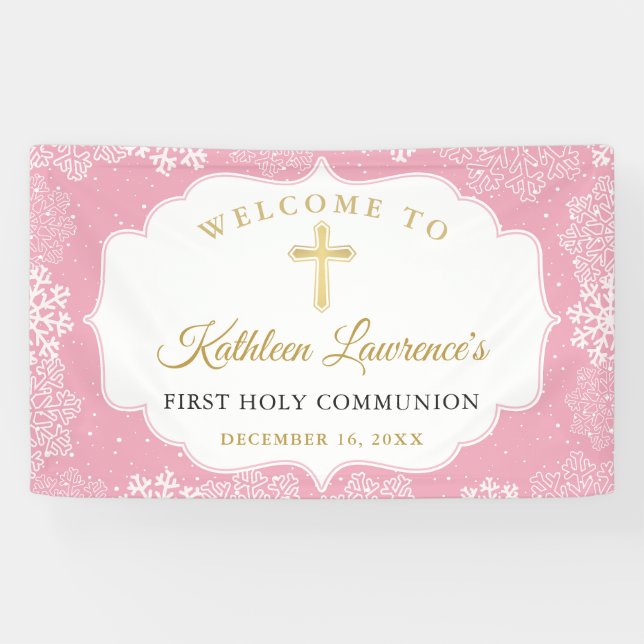 Pink Gold Snowflakes Winter First Communion Banner (Horizontal)