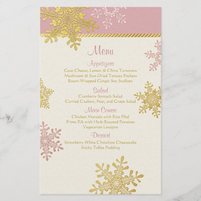 Pink Gold Snowflakes Winter Wedding Menu Card (Front)
