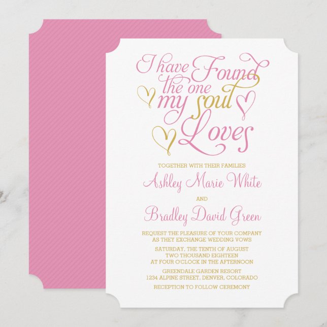 Pink Gold Soul Loves Heart Wedding Invitation (Front/Back)