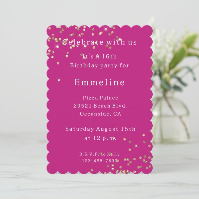 Pink Gold Sparkle Confetti Birthday Invitation (Standing Front)
