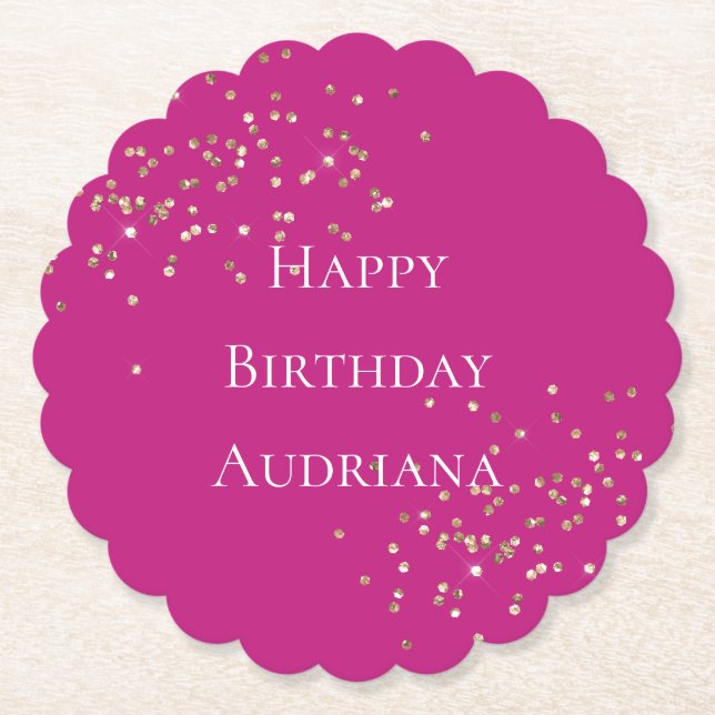 Pink Gold Sparkle Confetti Birthday Paper Coaster (Front)