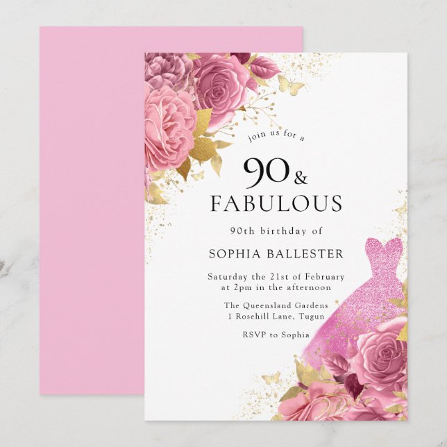 Pink Gold Sparkle Dress Roses 90th Birthday Party Invitation (Front/Back)