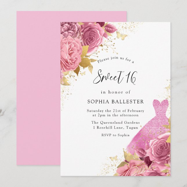 Pink & Gold Sparkle Dress Roses Sweet 16 Party Invitation (Front/Back)