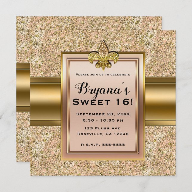 Pink & Gold Sparkle Glittery Fleur de lis Party Invitation (Front/Back)