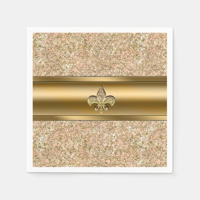 Pink & Gold Sparkle Glittery Fleur de lis Party Napkin (Front)