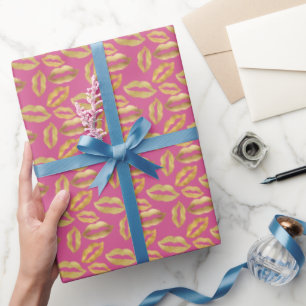 Pink Gold Sparkle Glitz Lips Kisses Wrapping Paper