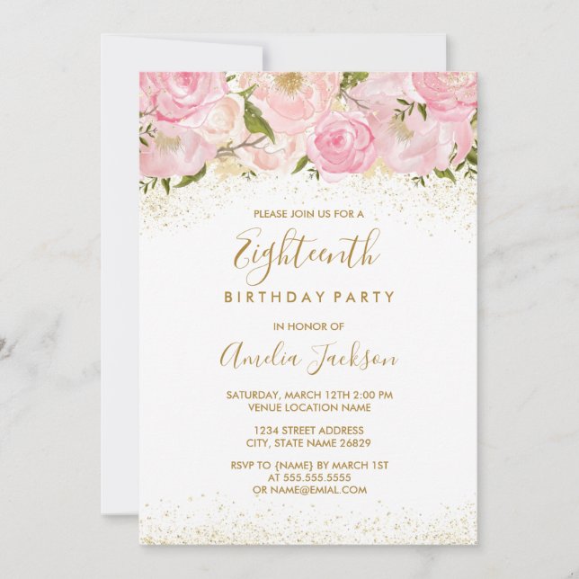Pink Gold Sparkle Rose 18th Birthday Invitation (Front)
