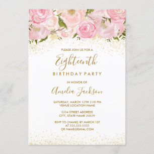 Pink Gold Sparkle Rose 18th Birthday Invitation