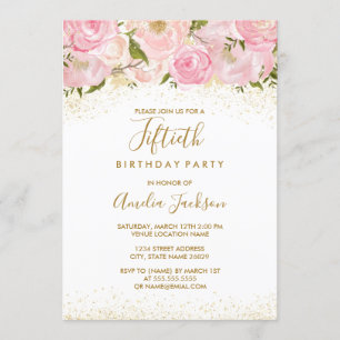 Pink Gold Sparkle Rose 50th Birthday Invitation