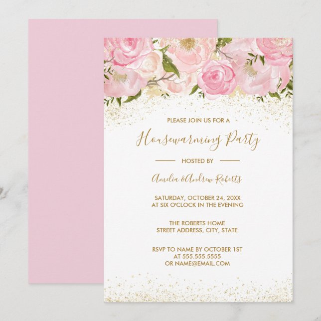 Pink Gold Sparkle Rose Housewarming Party Invitation (Front/Back)