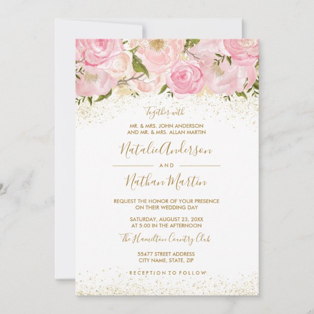 Pink Gold Sparkle Rose Wedding Invitation (Front)