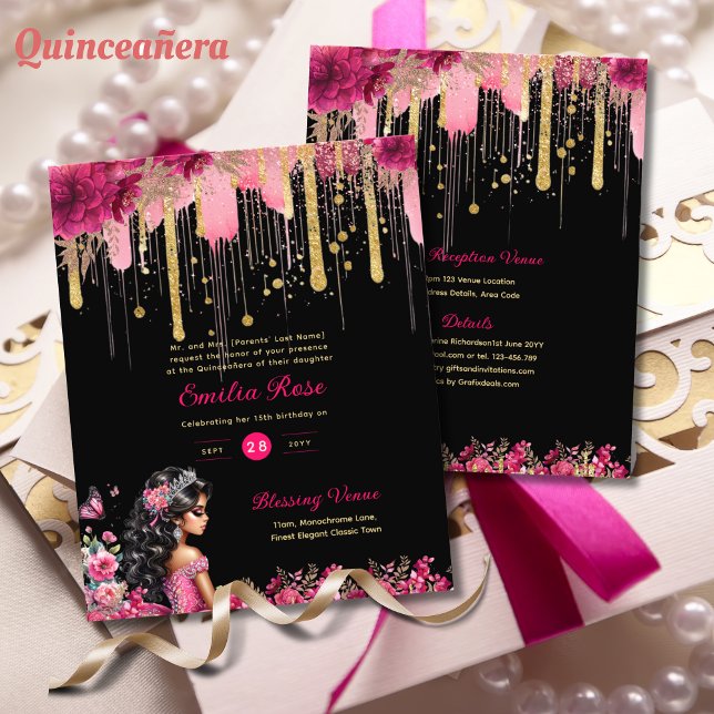 PINK Gold Sparkles Quinceanera Dress Floral Roses (Creator Uploaded)