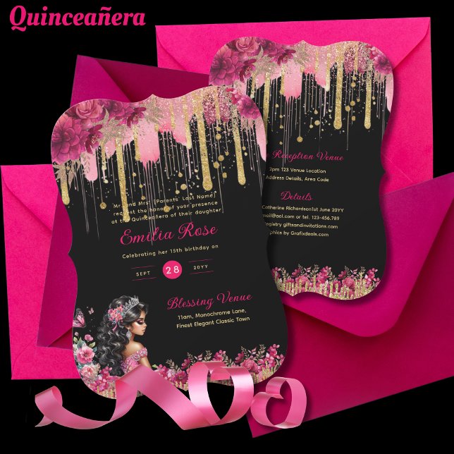 PINK Gold Sparkles Quinceanera Dress Floral Roses Invitation (Creator Uploaded)