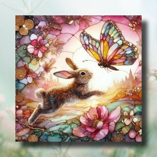 Pink Gold Stained Glass Bunny Butterfly Easter Holiday Card