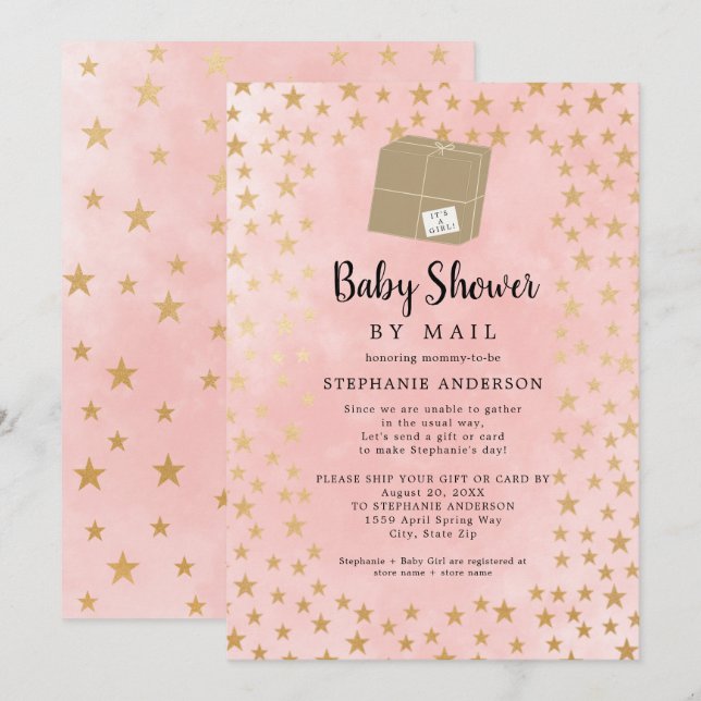 Pink Gold Star Girl Virtual Baby Shower Invitation (Front/Back)
