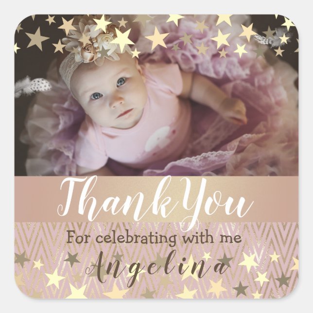 Pink Gold Star Photo Thank You  Square Sticker (Front)