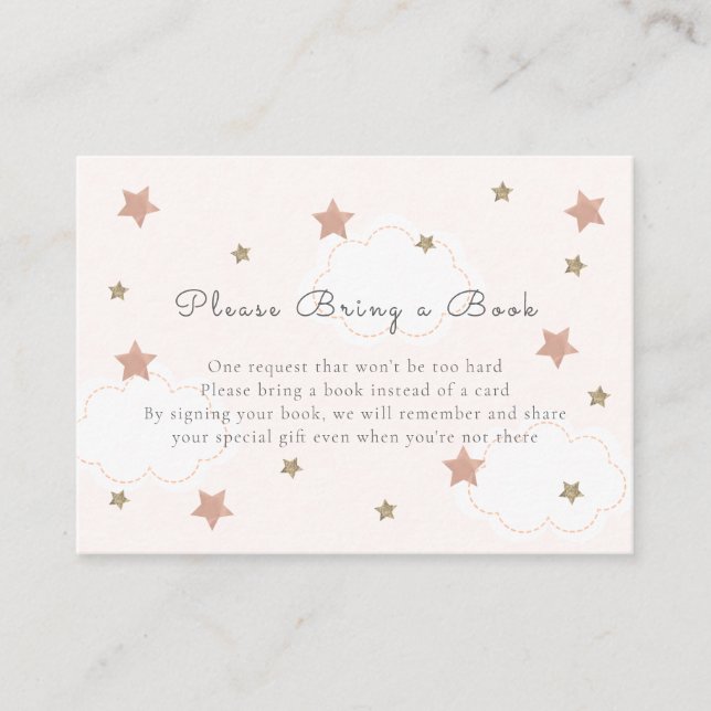 Pink Gold Stars & Clouds Please Bring a Book Enclosure Card (Front)