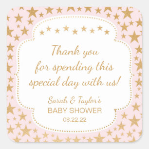 Pink Gold Stars Girl Baby Shower favour bag Square Sticker