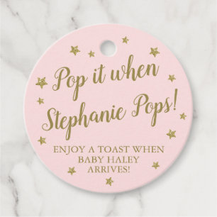 Pink & Gold Stars Pop It Baby Shower Champagne Favour Tags