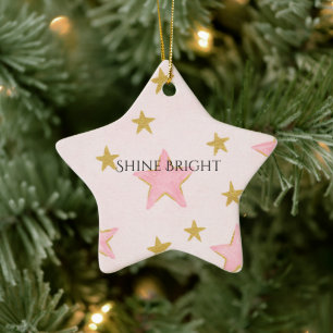 Pink Gold Stars Shine Bright Ceramic Tree Decoration