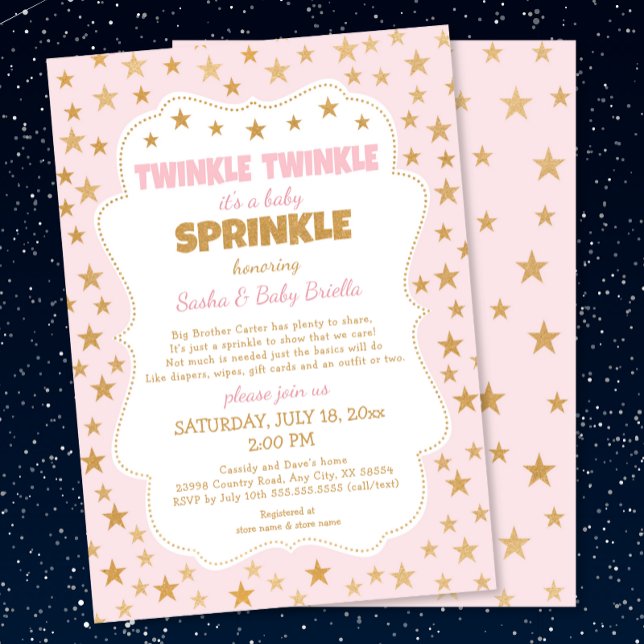 Pink Gold Stars Twinkle Baby Sprinkle 3745 Invitation (Creator Uploaded)
