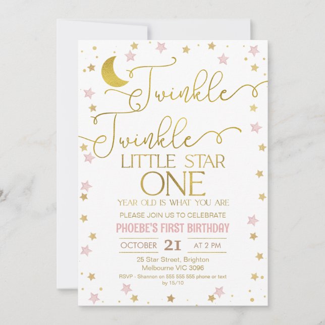 Pink Gold Stars Twinkle Little Star 1st Birthday Invitation (Front)