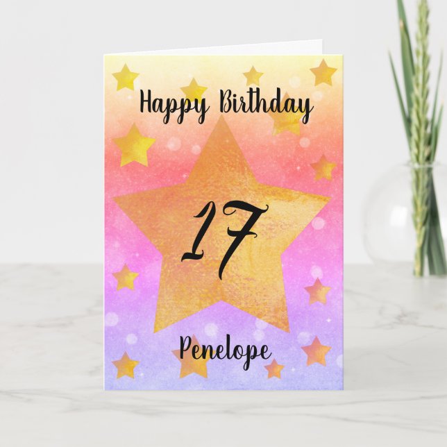 Pink Gold Stars Watercolor 17th Birthday Card (Front)