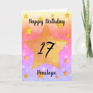 Pink Gold Stars Watercolor 17th Birthday Card
