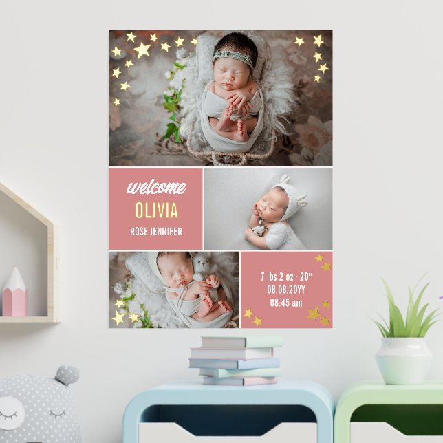 Pink Gold Stars Welcome Baby Girl Photo Collage Foil Prints (In Situ (Nursery))