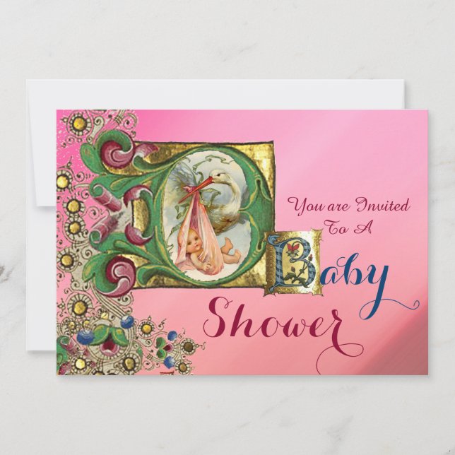 PINK GOLD STORK GIRL BABY SHOWER FLORAL MONOGRAM INVITATION (Front)
