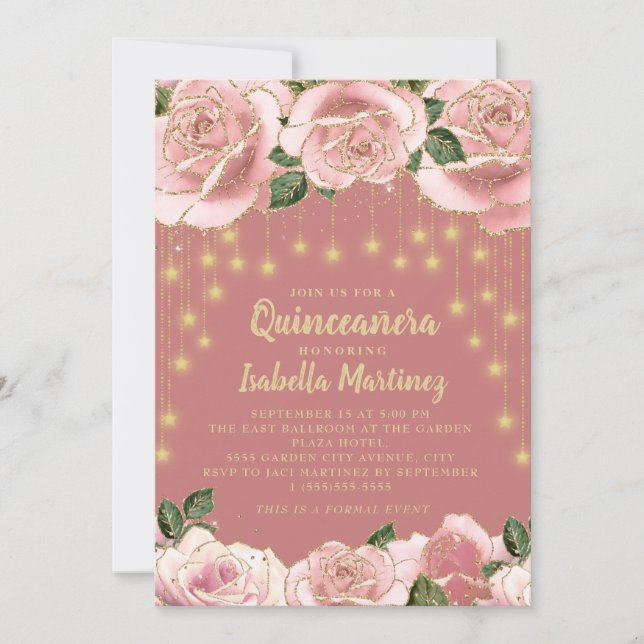 Pink Gold String Light Star Quinceañera Photo Invitation (Front)