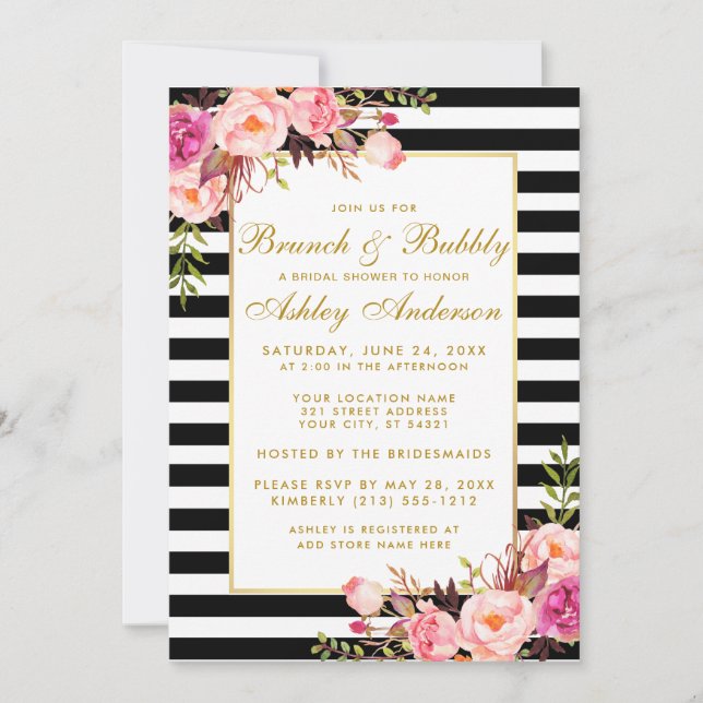 Pink Gold Striped Bridal Shower Brunch Invite (Front)