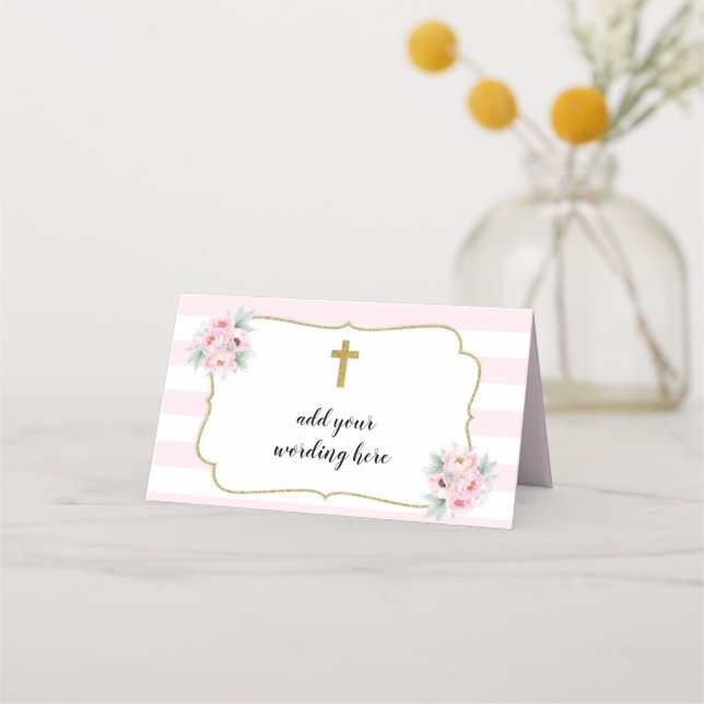 Pink & Gold Striped Floral Modern Religious Place Card (Front)