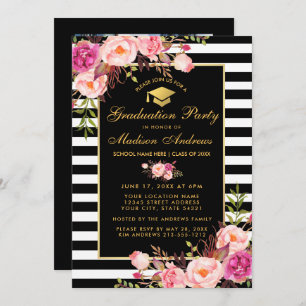 Pink Gold Striped Graduation Invite - Photo Back