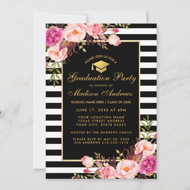 Pink Gold Striped Graduation Party Invitation (Front)