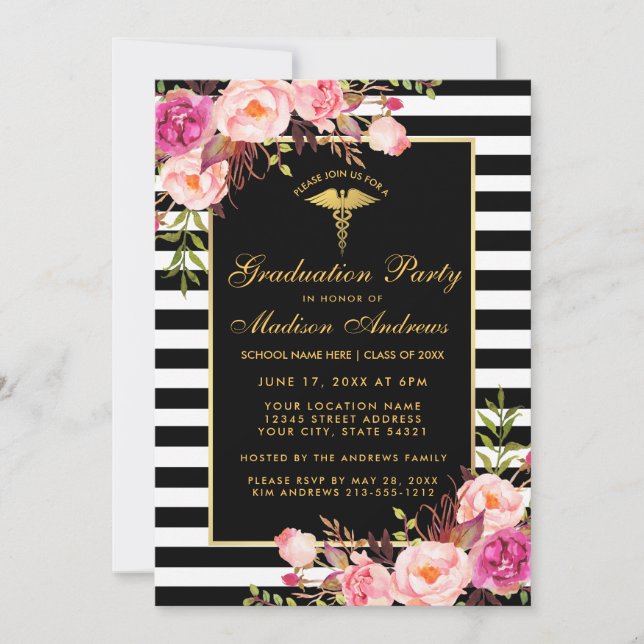 Pink Gold Striped Medical Grad Party Invitation (Front)