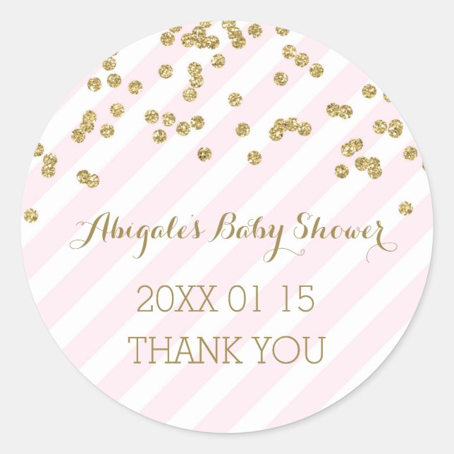 Pink Gold Stripes Baby Shower Favour Sticker (Front)