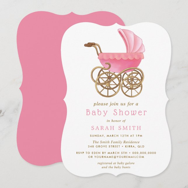 Pink & Gold Stroller Pram Baby Shower Invitation (Front/Back)