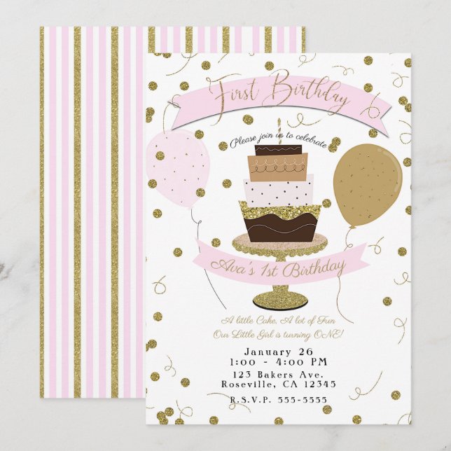 Pink & Gold Sugar is Sweet 1st First Birthday Cake Invitation (Front/Back)