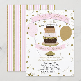 Pink & Gold Sugar is Sweet 1st First Birthday Cake Invitation